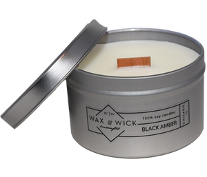 small black amber soy candle with wood wick